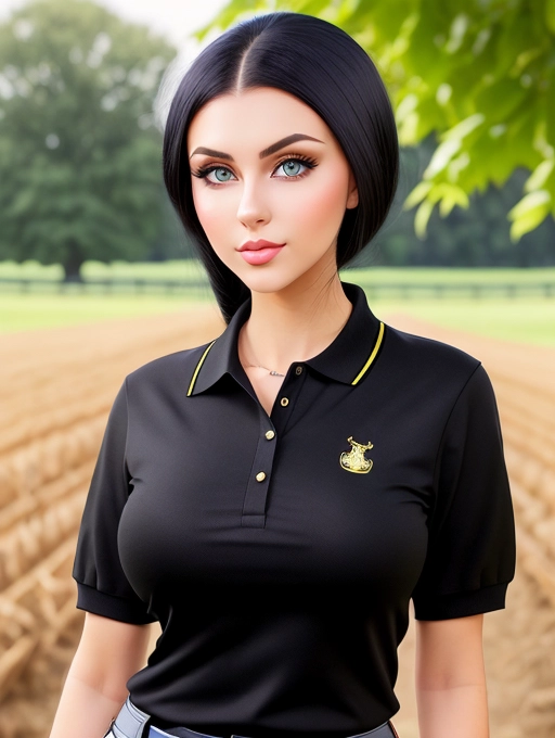 Gorgeous young Eastern European woman, photo cute attractive young face, big wide doe eyes, light colored eyes, big bimbo lips, raven-black hair, sexy, slim waist, thin, very busty, farm outfit, polo shirt with 3 top buttons, photorealistic, best quality, ultra high resolution