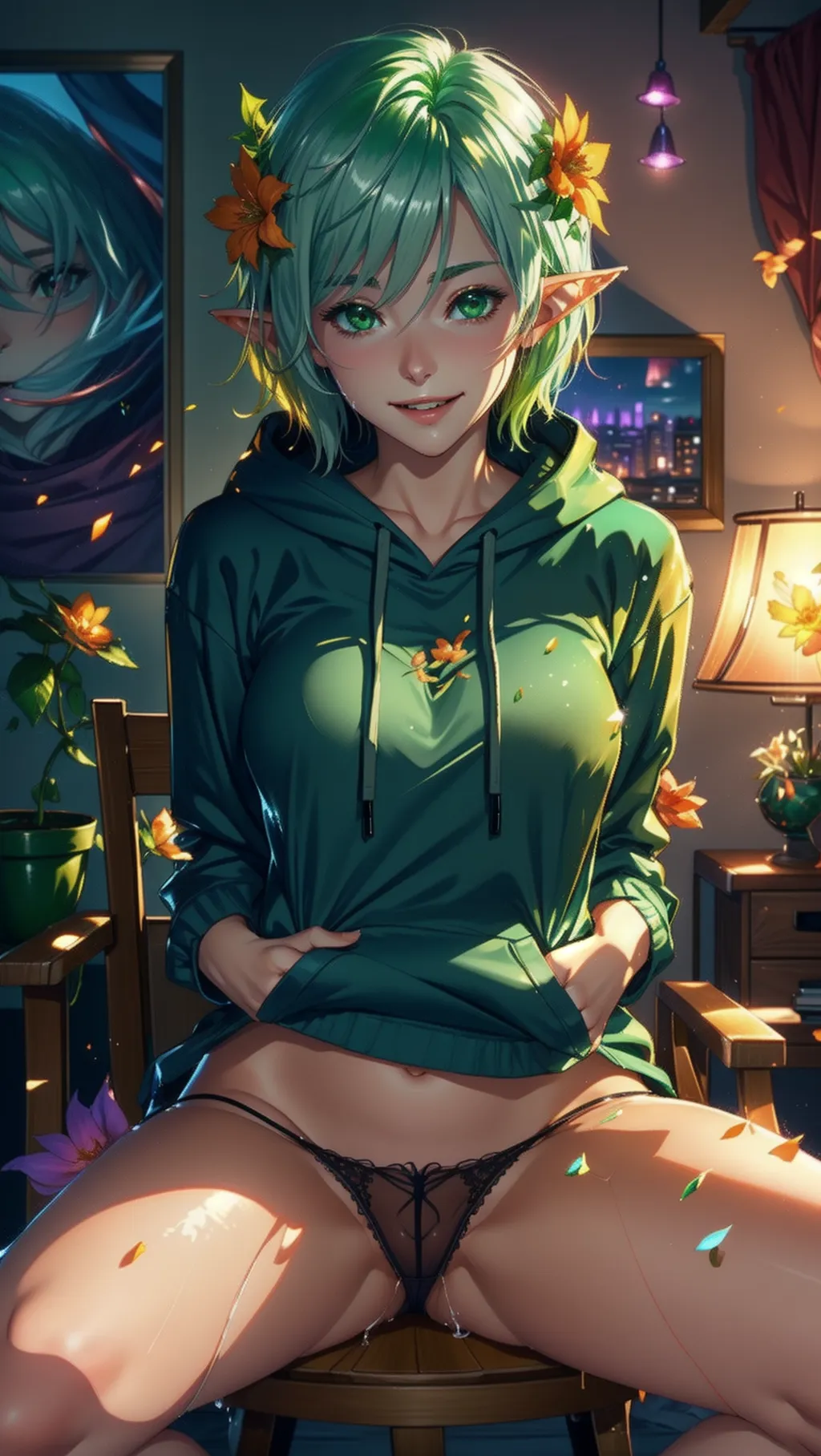(Best quality, hyperrealistic semi-real), (erotic portrait during sunset of a female-elf (sitting on a chair with legs apart) in a bedroom with (hands in pocket)), (short messy green hair with and sideways-fringe, clothed in long black zipped-hoodie with string-panties), flower hair ornaments,
(correct anatomy, slender and toned), (large green eyes:1.05), (round face with happy expression:1.07), beautiful thin lips (smiling in an energetic expression showing teeth), (pov from below of wet crotch and soaked string-panties dripping with a trail of pussy-juice and cum:1.14),
(warm sunset colours with dreamy atmosphere in a cozy bedroom with sunset-cityscape:1.12), hyperrealistic skin (glistening with sweat:1.12),
soft focus, sharp and clear image, (flat shading stylised colorful art:1.07), <lora:dpmg_add_detail:0.25>, (physically based ray-tracing, photon mapping:1.22), (high resolution masterpiece), (green hair with flowers, hands in pocket)
