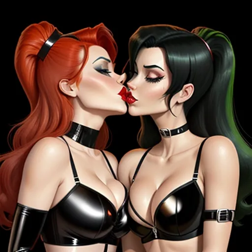 Kim and Shego, latex lingerie, red hair, black hair, kissing