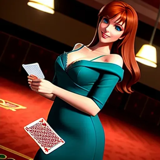 low angle shot, different clothing,
Anna in Las Vegas. playing cards in a casino.
innocent sweet, Anna of Arendelle 37 years old, Nordic, green dress, large natural round blue eyes, long auburn hair, sweet face, warm smile, soft curved eyebrows, smaller modest breasts. cards fanned in her hand.
five fingers per hand, ultra realistic, unreal engine, reduced saturation, adult