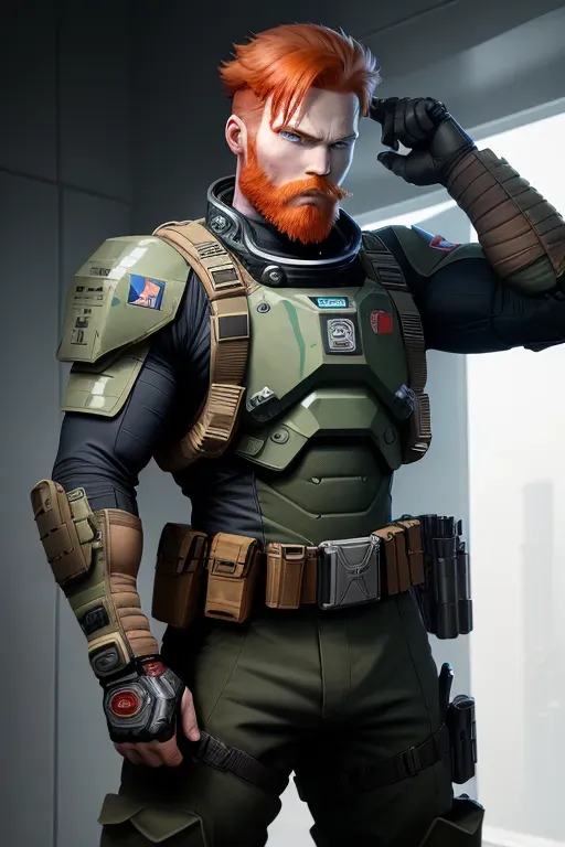 Violent, action, space commando, colonel rank, red hair, red beard, chiseled features, blue eyes, strong chin, tall, strong and fit, tan camo armor, futuristic gun in right hand, utility belt with sword, imperialism, combat, high definition, 4k quality, cinematic lighting, great shading, excellent detail, five fingers per hand