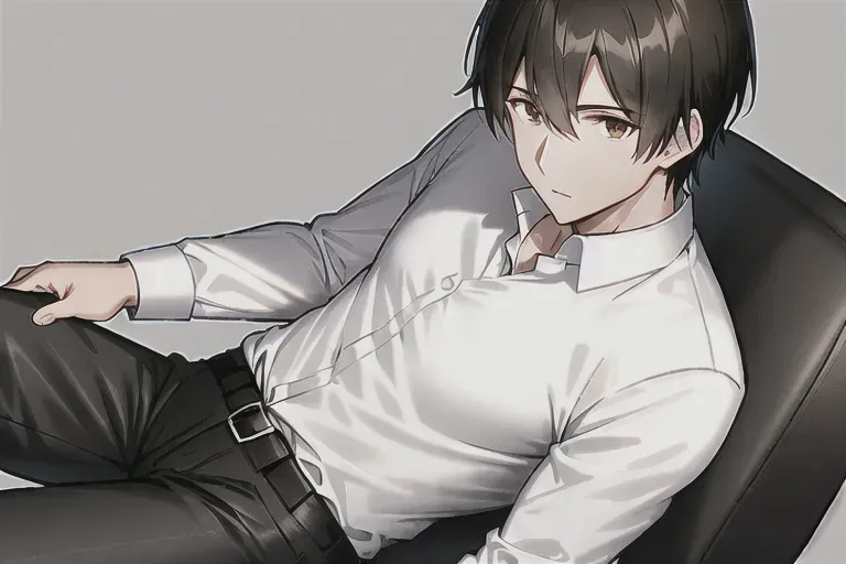 man,dark brown hair,dark brown eyes,sharp eyes,white shirt,black trousers