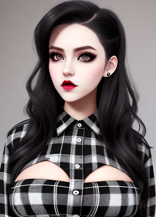 Cute girl, simple grunge makeup, pale colored eyes, black hair, big lips, realistic face, high riding huge boobs, gigantic tits, flannel shirt, goth babe, skinny, photorealistic, best quality, ultra high resolution