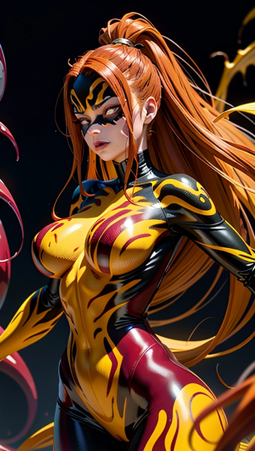 ((Burgundy red and yellow symbiote girl)), ((hair-raising symbiote)), ((burgundy red and yellow symbiote goo)), ((((burgundy red long hair with yellow strands)))), ((red and yellow symbiote goo suit)), (yellow strands), (((((symbiote goo hair))), ((((burgundy red and yellow symbiote goo body)))), big boobs