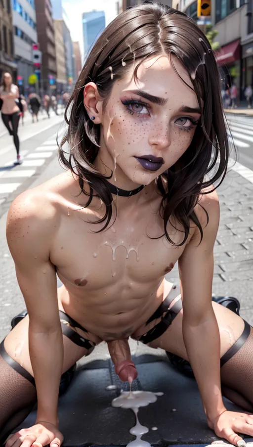 photorealistic, 8k, accurate face, (((detailed face))), (((replicate inspiration face))), freckles, black lipstick, grey eyes, brown hair, (((male body))), female face,
location is, busy city street, daytime, sat on floor, exhausted, covered in cum, messy hair, after sex, legs slightly open, small penis between legs,