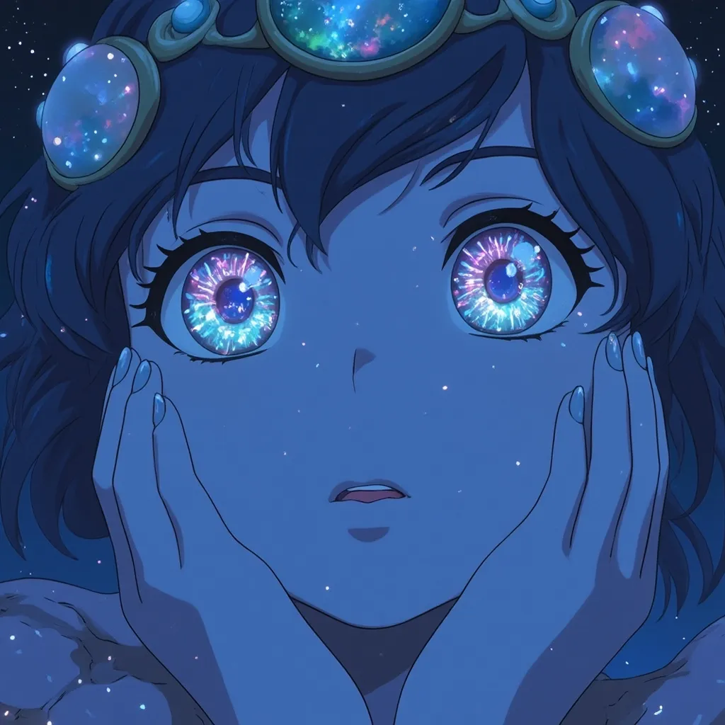 Anime Studio Ghibli, cute cosmic goddess, glowing eyes, universe in eyes, iridescent, hypnotic eyes, ultra-detailed, waist-up, maximalist