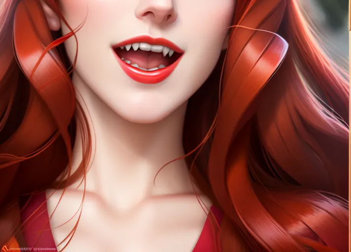 close-up of Beautiful auburn haired with big soft eyes Queen Anna of Arendelle as a vampire, head down, eyes looking up glowing red, skin very pale, mouth open very wide like she is yawning showing off long sharp canine teeth fangs with a predatory smile. photorealistic.
