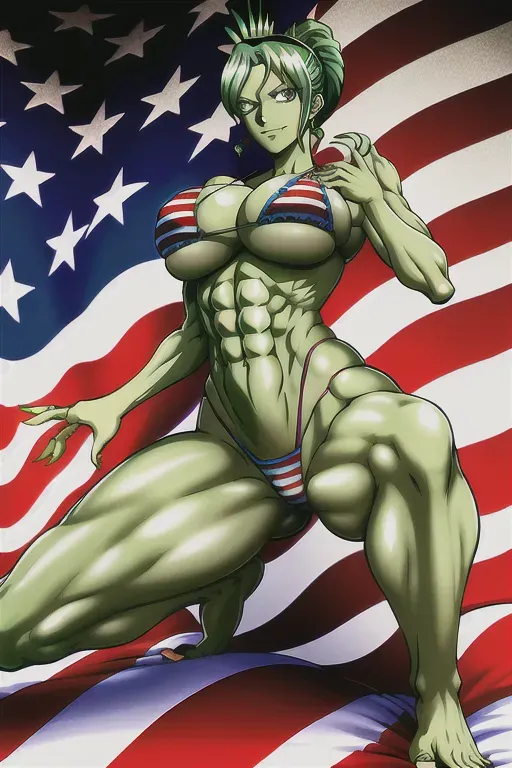 Lady Liberty stepping on a politician, American flag bikini, One Piece anime art style, green skin, erotic,
(((five fingers per hand))),two arms, two legs,erotic,(pixiv),best quality,masterpiece,(professional lighting),realistic abs