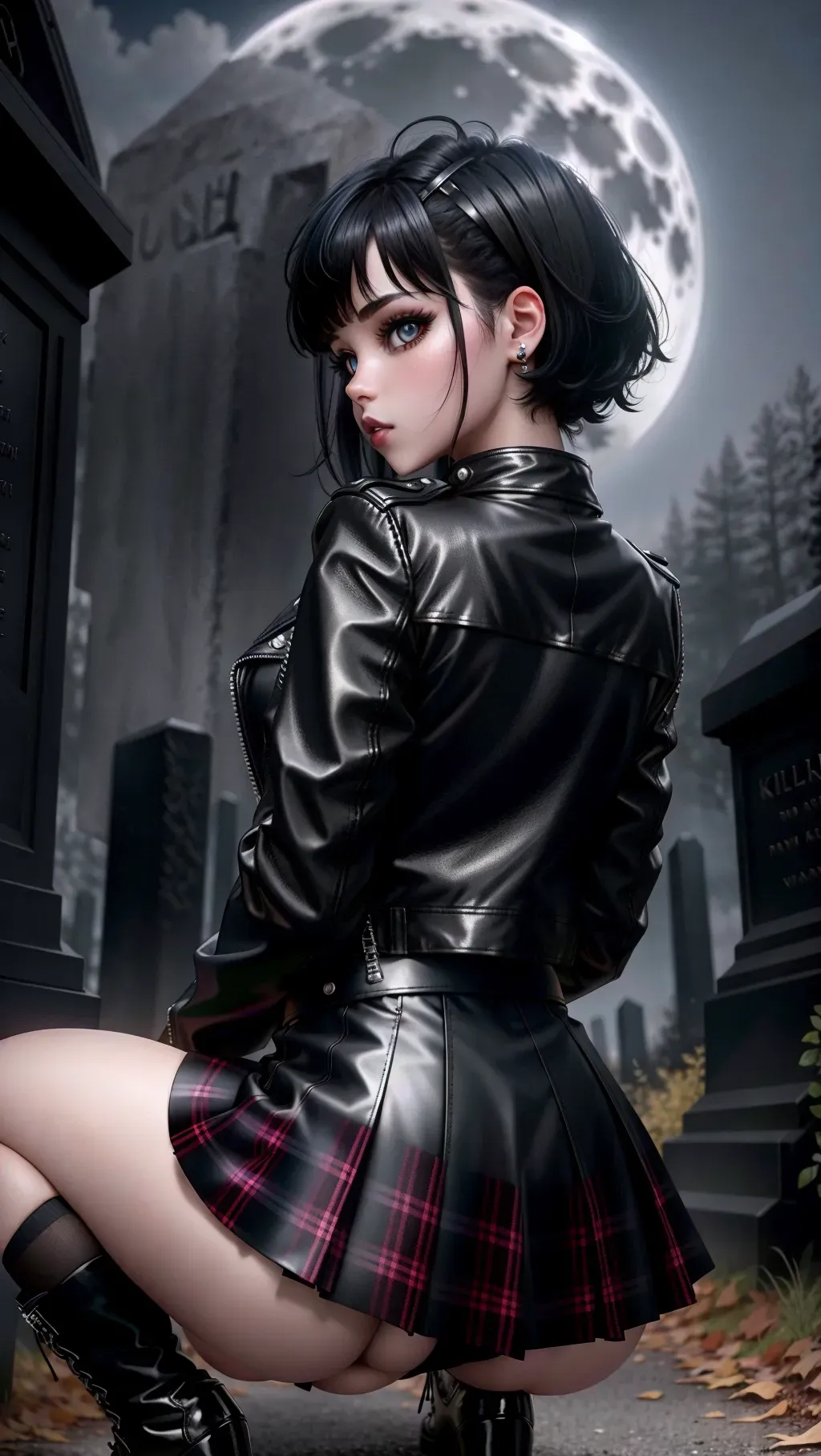 8k, up-skirt, Digital Photo from behind of, goth girl, wearing an leather jacket, wearing a plaid miniskirt, wearing knee high socks, looking back, beautiful eyes, short black hair, in dark cemetery, at night, full moon, volumetric lighting, focused, squatting, erotic
