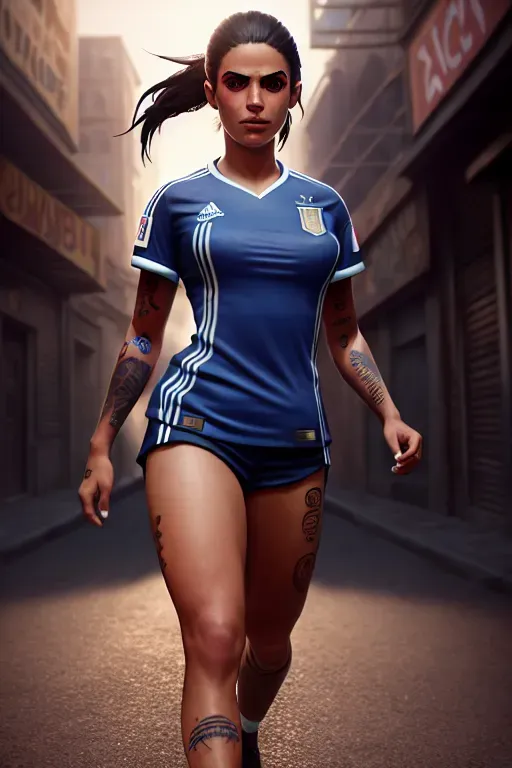 Football girl She wears the Argentine national team shirt, walking, brown skin, perfect breast, detailed face, tattoos, shadow effect, spotlight, city alley in the background, background blur, hyperrealistic, photografic, 8k, epic ambient light, octane render