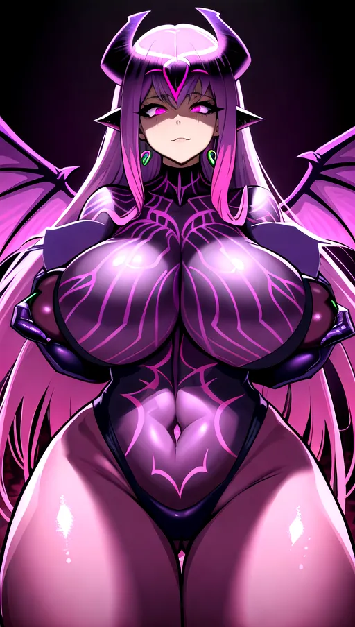 best quality, ultra high res, detailed face and eyes, perfect face, big shining heart choker, earrings, jewelry, very long voluminous hair, (pink glowing hair:1.2), lipstick, purple long sleeves, purple glowing heart, demon mark, straight hair, (huge boobs:1.3), black demon horns, very very long hair, perfect face and eyes, straight hair, sexy succubus girl, pink glowing eyes, (demon wings:1.4), big glowing cameltoe, (purple corrupted symbiote suit:1.5), dark background, (pink glowing demon diadem:1.4), (dark spiked crown:1.2), (thick succubus tail:1.3), demon tail, (pink glowing heart pasties:1.2), standing straight, shiny leather, purple leather skin, purple skin