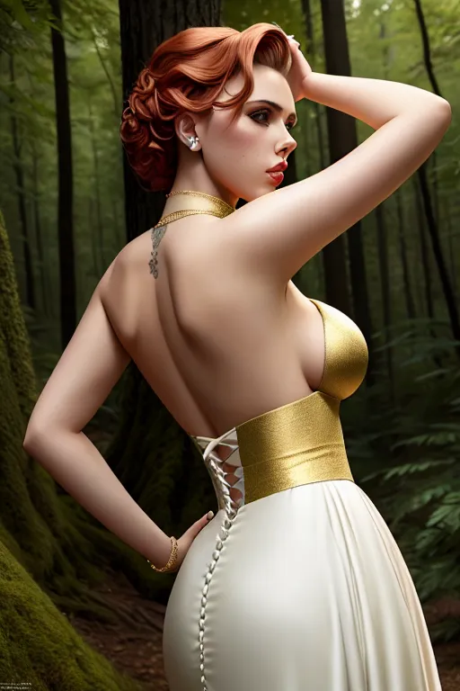 a photograph of,scarlett johansson,wearing wedding dress,arched back pose,in the forest,big breasts,five fingers per hand,undercut hair,beautiful face,beautiful lips,curved eyebrows,pale skin,cosy,wearing golden ring,artstation,studio lighting,professional,cgsociety,cinematic lighting