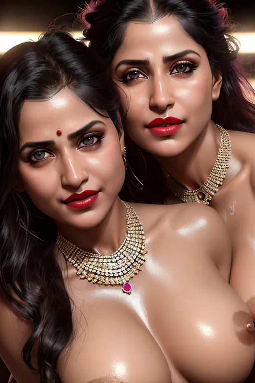 Replicate, Photorealistic, Digital Photo, A 8k high resolution full body photo of, 2 women, Indian Auny, and, her sister, Full Mouth, Full Lips, Lipstick, Completely Naked, Jewellery, Oversized Necklace, toned arms, lean biceps, lean body, lean thighs, hugging another woman, hugging, smiling, nude, Contemporary bedroom, sunset, highly detailed, Photorealistic Pupils, Dilated Pupils, Smiling, Playful, Studio Lighing, Looking into the camera, Sweaty, Sweating, Realistic Sweaty Cleavage
