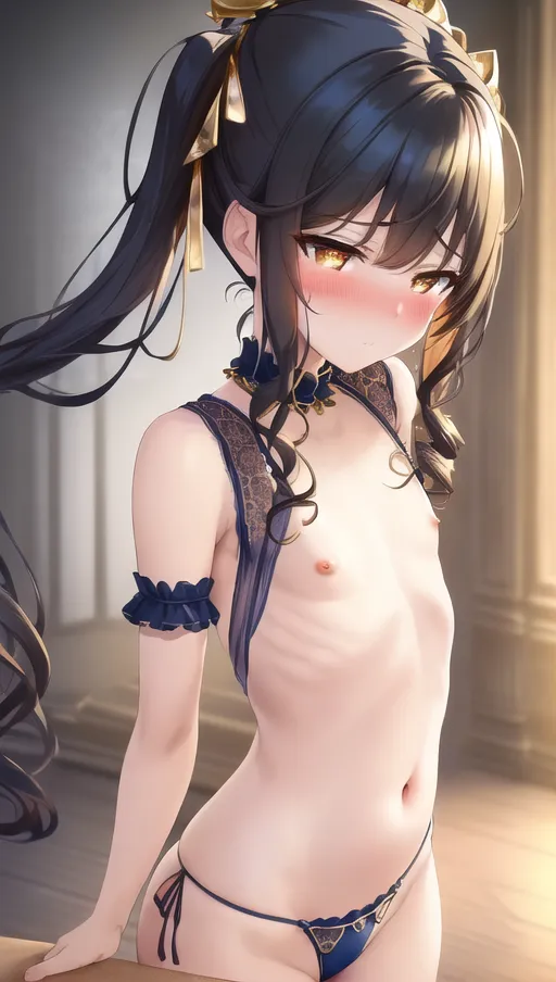 masterpiece, best quality, ((small breasts)), detailed background, woman in a city, ((gold and blue lingerie)), black hair in curly pigtails, detailed golden eyes, exhausted, blushing, pointy nipples, red ribbon in hair, bending over, (from behind), detailed pussy