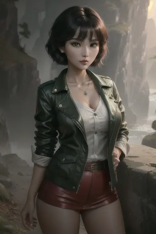 a digital painting of,kim so yeon,wearing jacket,standing,five fingers per hand,short thick hair,charming face,beautiful lips,green eyes,curved eyebrows,curved eyelid,pale skin,erotic,wearing necklace,pixiv,sharp focus,smooth,unreal engine,professional