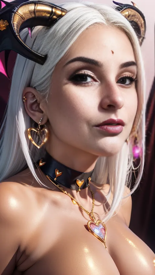 best quality, (((ultra high res))), (detailed face and eyes), hearts, perfect face, big choker, golden earrings, jewelry, ((eyes closeup)), glowing heart, golden heart necklace, big heart pasties, ((white hair)), covered by gold, golden skin, chained, ((((succubus)))), (((giant succubus tail)))