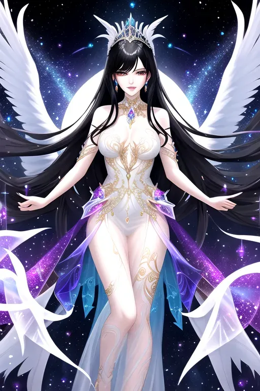 Graceful and slender body, Eyes that shimmer like deep pools of uncertainty, Long flowing raven-black hair, Porcelain-pale skin that contrasts with her dark hair, Full and luscious lips with a natural flush, Radiant smile with a perfect balance of warmth and mischief, Captivating hips, alluring sides, and shapely waist, Enchanting gaze revealing boundless compassion and unwavering faith, Mesmerizing beauty that seems to radiate from within, Form-fitting gown made from shimmering transparent otherworldly fabric, Intricate patterns and symbols on the dress reflecting dimensions and forces, Ornate choker-style necklace with an enigmatic sigil pendant, Elaborate arm cuffs adorned with arcane markings, Knee-high intricately designed boots blending modern style with surreal elements,Transparent diaphanous gown with iridescent patterns, Celestial belt adorned with stardust-like gemstones, Shimmering bracelets, Intricate tiara adorned with luminescent gemstones,