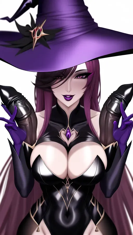 A sexy witch starring at massive penis, female focus, penis focus, massive cock, looking at penis, 1girl, 1boy, close up on face, face focus, hyper details, hyper quality, best quality, perfect anatomy, masterpiece