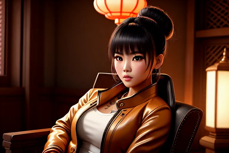 a digital painting of,a vietnamese girl,wearing jacket,sitting in a chair,in a temple,big breasts,five fingers per hand,bangs hairstyle,gorgeous face,beautiful lips,detailed large eyes,curved eyebrows,textured skin,erotic,tattoo,8k,cinematic lighting,cgsociety,ultra realistic,editorial