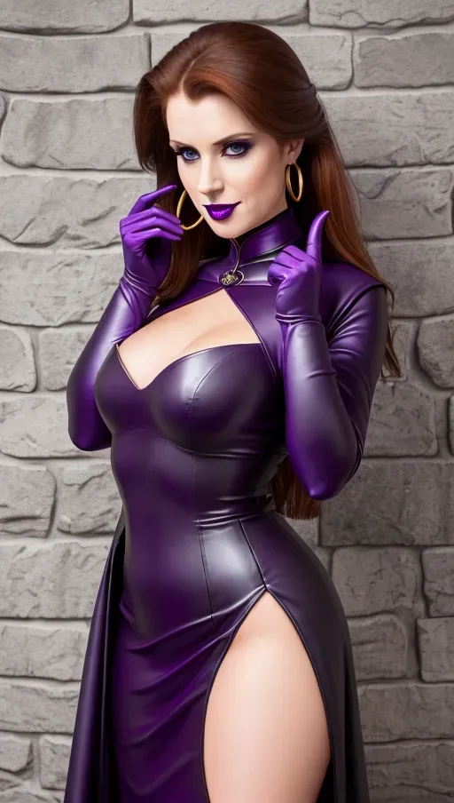 low angle, medium shot,
beautiful, Sweet innocent beautiful, good girl, goth makeup, Anna of Arendelle, age 30 long bright red-Auburn hair in a big ponytail, sweet smile, large round natural blue eyes, Nordic, black leather clothing with dark purple highlight, bare naked open exposed shoulders, gold hoop earrings, dark purple collar, long dark purple gloves, dark purple halter-Corsette, dark purple pleated micro-mini-skirt, dark purple thigh-high boots, long pointed canine teeth, bare mid-riff, long
floor-length black hooded cape,