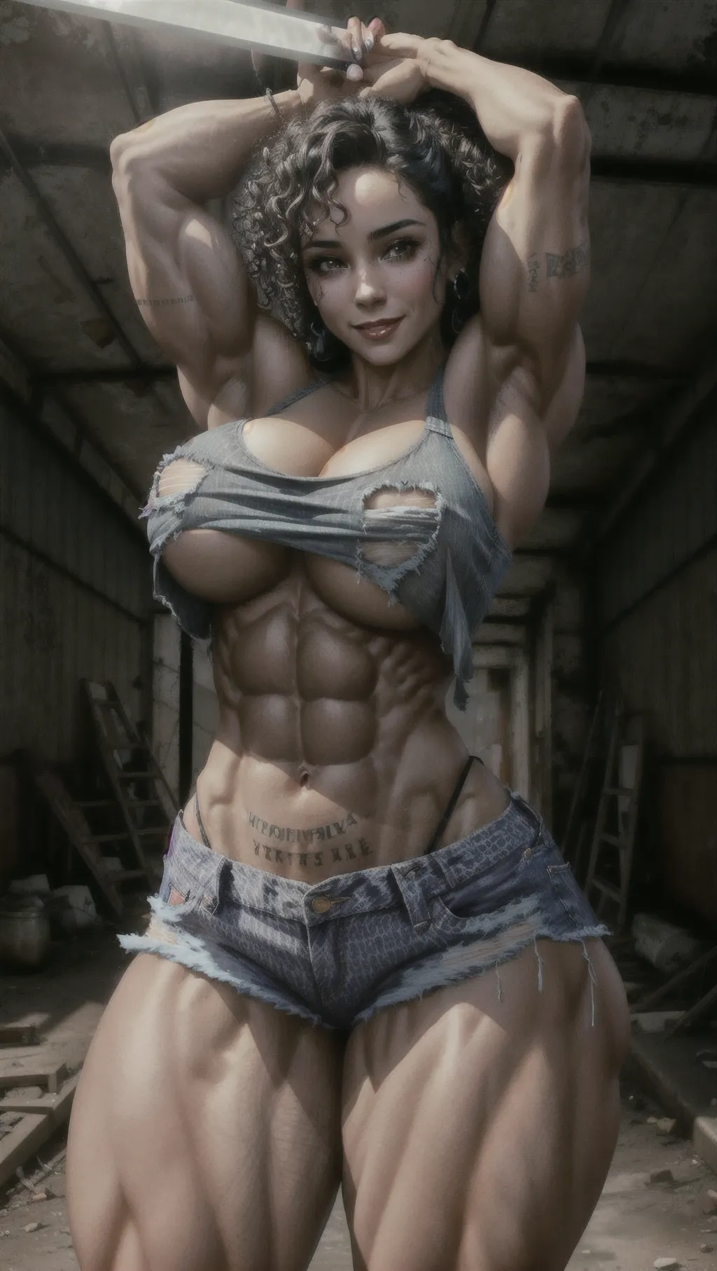 A very beautiful woman is looking at the viewer with a big smile. She is Mexican. She has very curly hair. Her hair is black. She has a very sharp jawline. She is very pale. She has gigantic breasts. Abandoned garage setting. Ominous lighting. Zombie apocalypse. She is wearing ripped jeans. She is wearing a cotton tank top. Her clothes are tight. She has an hourglass figure. She has very thick thighs. She has a very narrow waist. Her thighs are massive. Her thighs are extremely large. She has massive muscles. She is a bodybuilder. Her hands are behind her head. Her arms are above her head. <lora:dpmg_muscle_girl:1>, <lora:dpmg_add_detail:1>,