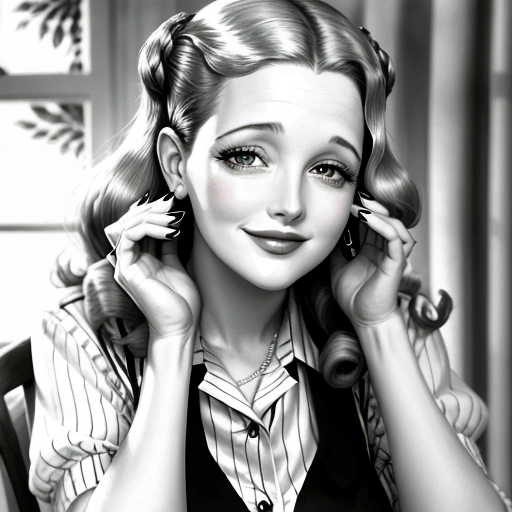 Drew Barrymore, 1940s housewife, smiling, (((sleepy))), nodding head, (((drooping eyelids))), hypnotized