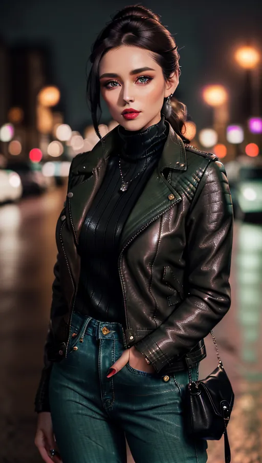 young lady, standing at street, natural Doe eyes with small natural button nose and natural heart-shaped lips, dark lip stick, smokey eyes, natural dark hair in Chignon with a jeweled hairpin, ((brownish leather jacket with black turtle neck pullover and greenish baggy jeans)), evening, city lights, rain, (((8k high resolution photo)))