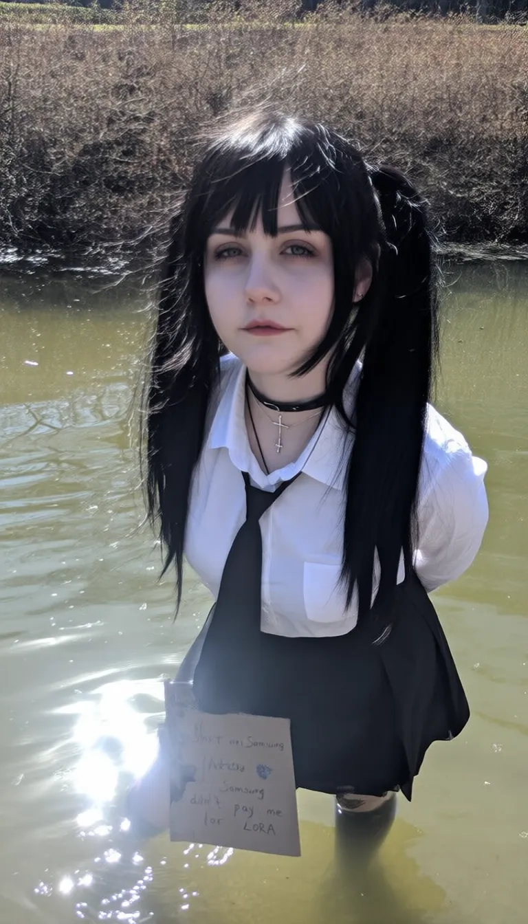 A high-resolution digital photo. bright sun lited outdoor scene, raw unedited amateurish candid shot of a young woman, adorable, pinterest style. dark gothic pigtails with bangs and with very long fringes that frames her face. She stands awkwardly in a pond in a city park. her legs are submeged in water. Amateur photo, blown-out highlights and crushed shadows. She wears a black choker and a cross necklace, white office blouse with black tie and black pvc wet pencil skirt. looking at the viewer. In her left hand, she holds a cardboard with handwritten text "Shot on Samsung Note10+. Samsung didn't pay me for LoRA". Background: grainy bushes, reflective water with light artifacts. Daytime