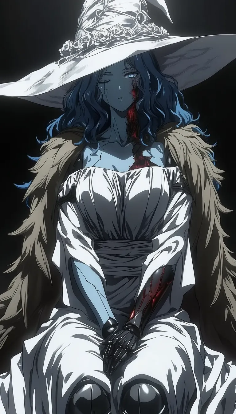 dark_art_style, (ranni_the_witch:0.6), blue eyes, one eye closed, blue hair, wavy hair, blue skin, colored skin, cracked skin, doll joints, witch hat, large hat, white headwear, white dress, long sleeves, fur cloak, brown cloak, masterpiece, highres