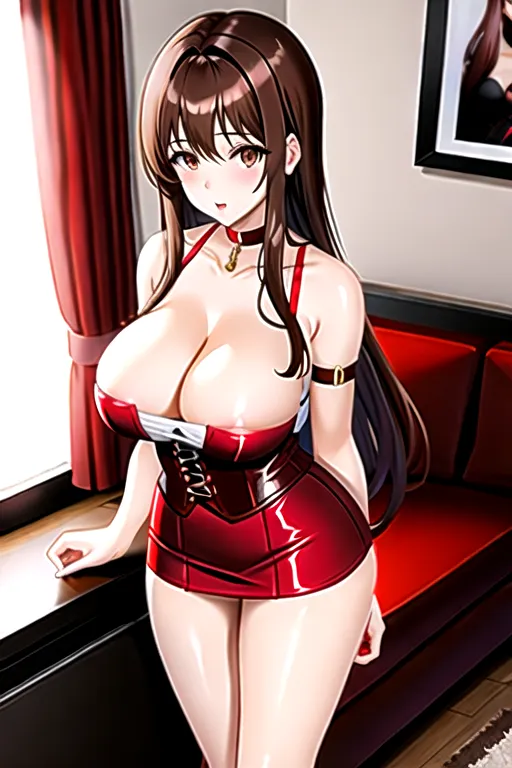 brown hair, brown eyes, pale skin, giant breasts, red minidress, miniskirt, white corset, choker, long hair, high heels, in living room, slim body, holding breast, looking at viewer, 1 girl, cleavage, 4k, boots