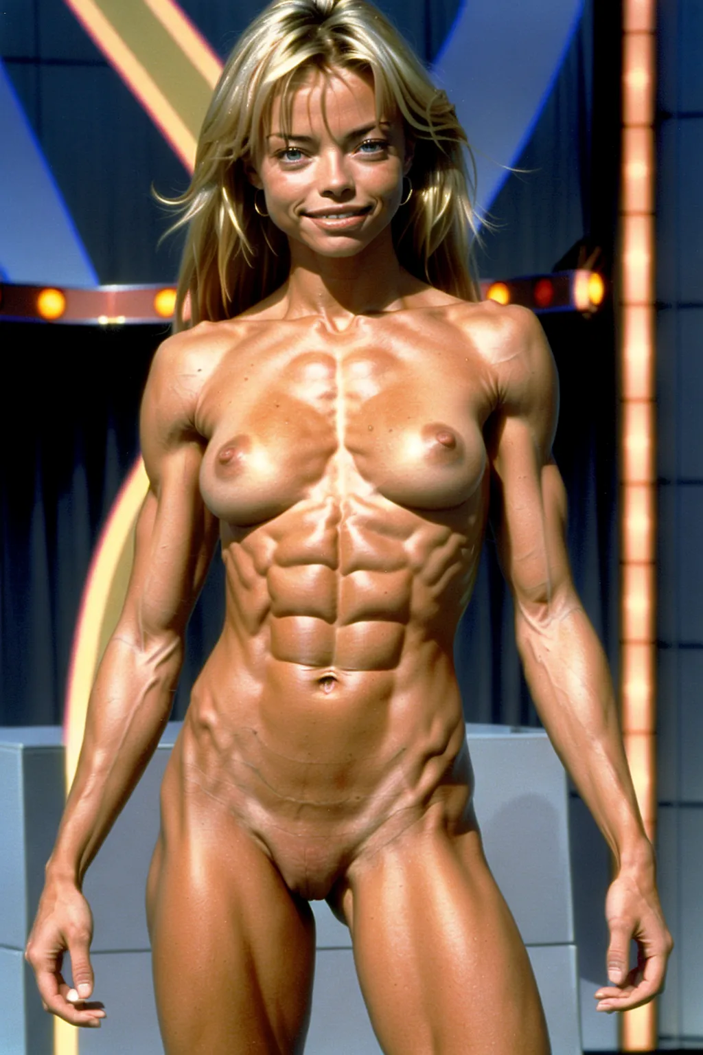 A very fit 18 year old fully naked Jamie Pressly, pleasure look on her face, flexing her abs, very low body fat, extremely lean body, perfect body, showing her vagina, standing on the set of a game show in 1991, fully nude, spreading her legs, perfectly shaped breast, blonde hair, spreading her legs wide open, perfect tan, golden cube