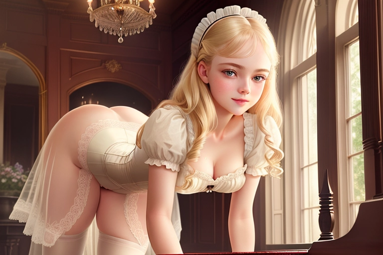 aurora standing in a victorian manor practicing the piano, face of elle fanning, blonde hair, wide blue eyes, soft cheeks, full lips, happy smile, curvy, small breasts, thin waist, public hair, pussy, aroused, high definition, excellent lighting, 4k quality, looking horny, submissive, sassy, flirty, smiling, blushing, full body, wet pussy, correct eyes, cute classy victorian outfit, victorian age, victorian hair style, cleavage showing