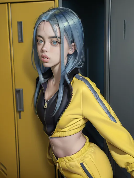 realistic HD photograph ((wide shot)), (glamorous)(((Billie Eilish))) ((((accurate face)))),(((in a locker room)))(((wearing unzipped yellow tracksuit with black trim)))(((topless))),((very sexy pose)),(((small perky breasts)))((blue eyes)),(((slender body))), five slender fingers, beautiful face, beautiful lips,detailed large eyes,curved eyebrows,cgsociety,cinematic lighting,studio lighting,professional,editorial,<lora:dpmg_fingering:1>
