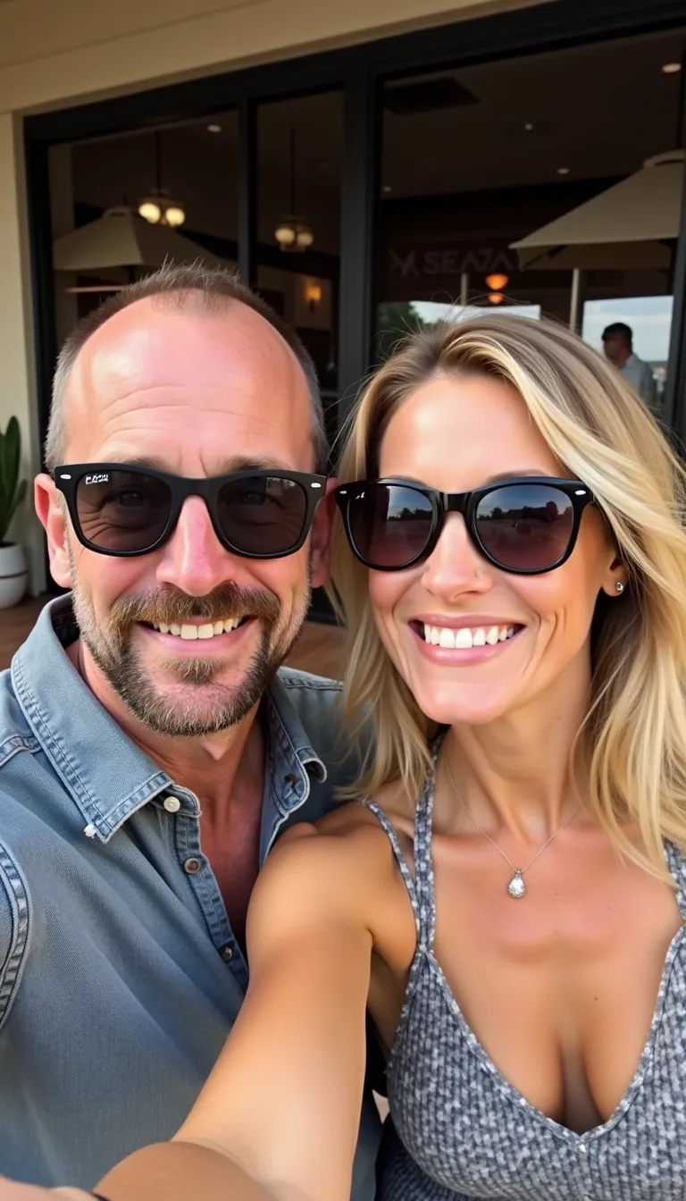 A selfie of a 40s man and a woman. The man is balding with short brown hair with a goatee and is wearing black sunglasses. The woman has mid length blonde hair and thin-rimmed sunglasses, and she is smiling at the camera. The scene is set outside a restaurant in the background