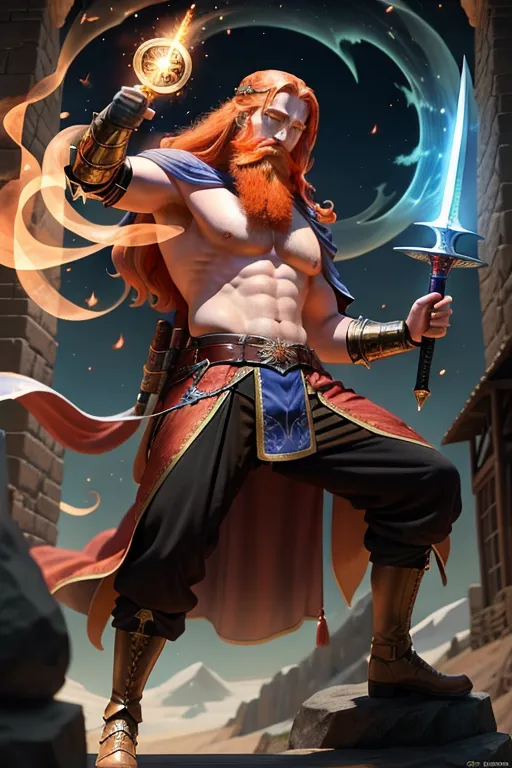 A ginger wizard with a sword, old wizard, long beard. magic powers, flying in air. sexy girls in the background