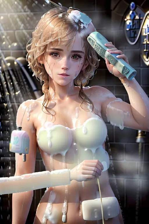 A 8k resolution photo shot of, Emma watson, (embarrassed at being caught naked while taking a shower),((covered in soap bubbles)), ((((holding a bar of soap)))),(((((in shower at hogwarts))))),((detailed hair features)),((detailed facial features)),((((looking at the camera)))),(beautiful lips),(detailed body features),(detailed arms features),textured skin,(((public scene)))