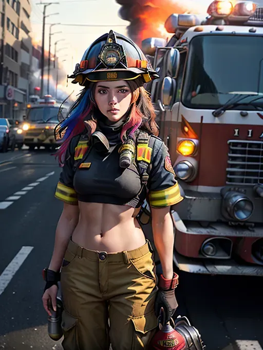Abstract colors, (colorfully beautiful:1.4), high contrast, volume light, texture, grainy film, skin pores, dusty atmospheric haze, vignetting, ((face symmetry)), complex hasselblad dslr RAW dramatic portrait photo (female firefighter), sexy body, open chest, black top, firefighter, firefighter pants, ((open pants)) standing on city street, fire hose, ((fire brigade)), (soldier boots), fire helmet, ruined asphalt, (absurdly long hair)1. 3, (middle chest), analog style eye contact nofilter selfie, daytime landscape, (backlighting)1.2, (film grain)1.2, still from a cinematic movie, tense facial expression