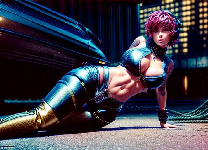 ((full length)),must show all of body in frame,a digital art of,Camren Bicondova,(((<lora:dpmg_add_detail:1>))),(((focus on full body,legs,boots,face))),multi colored cyberpunk hairstyle,(((wearing extreamly tight, short, leather cyberpunk outfit))),(((<lora:pet_shaming:1>))) ,(((<lora:dpmg_add_detail:1>))) (((unzipped revealing cleavage))),(((standing in a deserted car park during the day)),(((<lora:dpmg_add_detail:1>))),ultra detailed,extremely big round beautiful bimbo breasts,zips straining ready to burst,gold chains,exposed tummy,lots of gold zips ,beautiful breasts,silicone implants,five fingers per hand,multi colored cyberpunk hairstyle,charming face,beautiful lips,very blue eyes,wicked smile,curved eyebrows,textured skin,joyful,tattoo,bokeh,artstation,highly detailed,surreal,(((<lora:dpmg_add_detail:1>)))