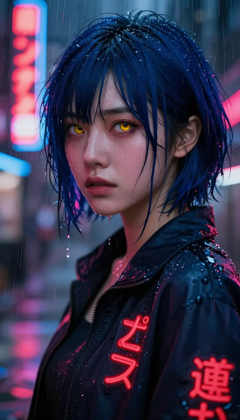 This is a digital art image in a cyberpunk style. It features a close-up of an Asian woman with short, dark blue hair and striking golden-yellow eyes. Her face is wet with rain, with water droplets glistening on her skin. She wears a dark jacket adorned with red neon Japanese characters. The background is blurred but shows vertical neon signs with Japanese text in red and blue. Red and pink rain streaks dominate the foreground, adding a sense of motion and intensity. Her expression is serious and slightly melancholic, enhancing the overall moody and atmospheric feel of the image.
