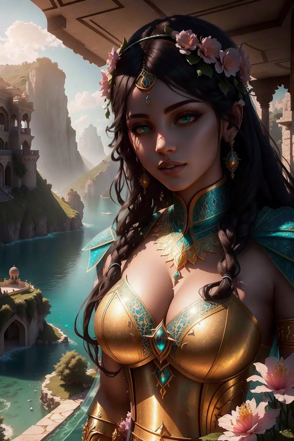 a big Persian Villa surrounded by water and nature, village, close view, volumetric lighting, photorealistic, insanely detailed and intricate, Fantasy, epic cinematic shot, trending on ArtStation, mountains, 8k ultra hd, magical, mystical, matte painting, bright sunny day, flowers, massive cliffs, Sweeper3D
