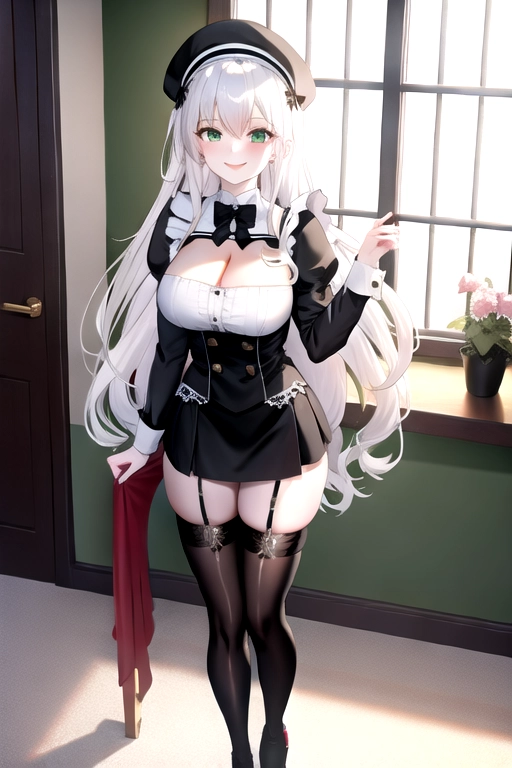 8k quality, green eyes, pale white skin, white hair, giant breasts, cleavage, looking at viewer, pov, long hair, wavy hair, full body photo, standing in living room, smiling, black maid uniform, miniskirt, high heels, thigh high boots, carrying tray