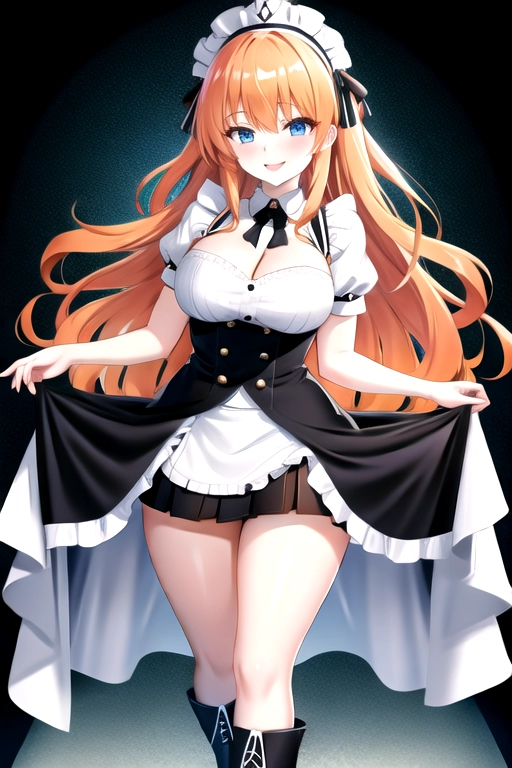 8k quality, blue eyes, pale white skin, orange hair, giant breasts, cleavage, looking at viewer, pov, long hair, wavy hair, full body photo, standing in room, smiling, black maid uniform, miniskirt, high heels, black knee high boots, black choker