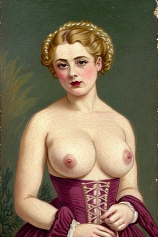 Regency era erotic painting, hips and up, victorian makeup, blush, lipstick, elegant, curly hair, blonde, flowers in hair, nude, sagging breasts, small breasts