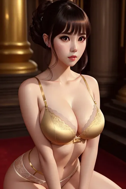 a oil painting of,iu,wearing lingerie,squatting,in a temple,big breasts,five fingers per hand,bangs hairstyle,beautiful face,beautiful lips,detailed large eyes,curved eyebrows,pale skin,wearing golden ring,sharp focus,cinematic lighting,artstation,bokeh,unreal engine