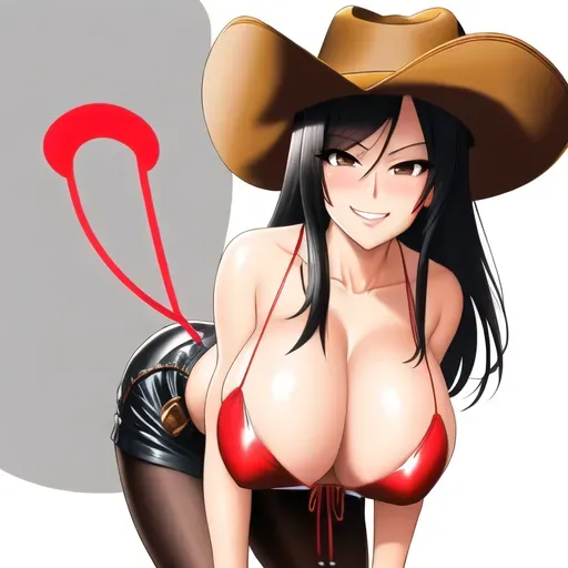 Cuckold, Smug , ((accurate face)), ((accurate face)), show full body, ((dressed as a cowgirl)), sexy pose, sperm on face, sperm on breasts, (large breasts), five slender fingers, black hair,cucking her husband, wearing bikini