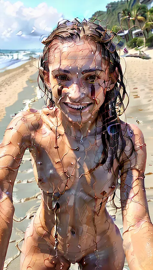 athletic, female, naked, abs, beach, sun, (sweating), blanket, medium breasts, grin, mocking, happy, tired, aviators, (oiled skin), high cheekbones, french, (short hair), (wet hair), (wet skin), cum on face, (best quality), (thick body), closeup, (selfie), (pale skin), bikini, (cum in mouth), <lora:dpmg_wet_hair:1>, dpmg_face_cum_v1