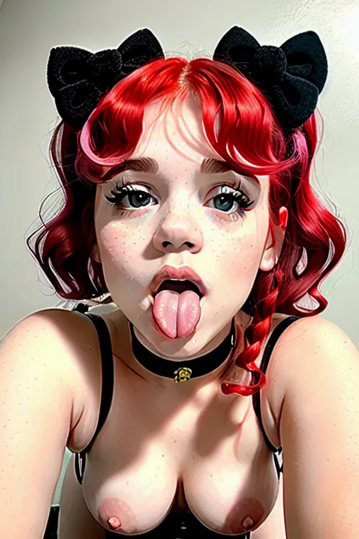 dpmg_awaitingtongue_v1,wearing hello kitty, best quality, 1girl, nsfw, oral, red hair, disdain, digital art, photorealistic, dpmg_jenna_ortega_v1