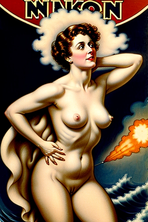 Naked Gibson girl with a nuclear bomb going off behind her.