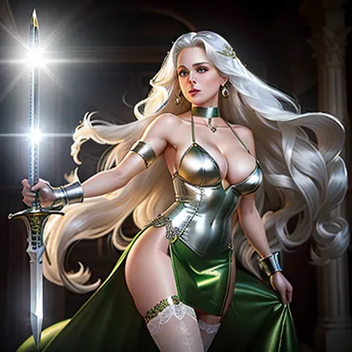 A high-quality erotic hyper-realistic photo of a short woman with long white hair, hazel eyes, f-cup breasts, pale skin, wearing a green minidress, silver earrings, a silver choker and silver high heels holding a sword, full-body