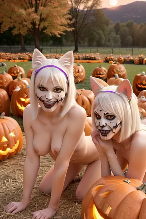Closeup professional canon dslr photo of two identical gorgeous 20 year old skinny thin svelte pale white skin white haired girls with shoulder-length bob hairstyles with straight bangs, ((cat ears)), beautiful faces,((anthropomorphic)), sexually provocative smiles, nude, naked, ((lounging on the ground among pumpkins)), (((leaning forward and showing anatomically correct medium natural breasts))), ((showing natural pubic hair)), (((showing pussy))), (sexually aroused), ((sexually excited)), ((looking at me), (looking into camera), nighttime, ((((Halloween party scene)))), pumpkins, bats, full moon, howling werewolf in background,